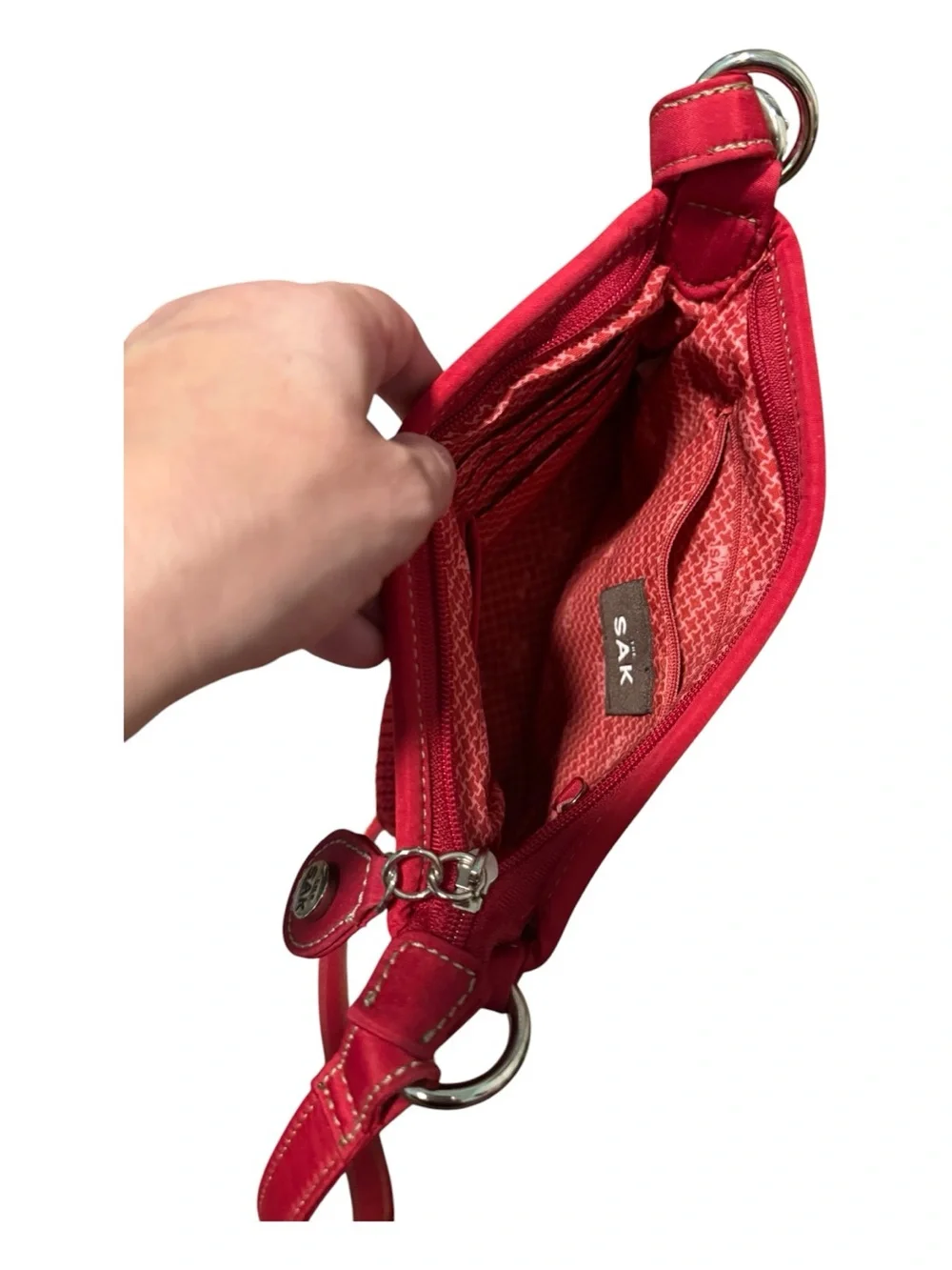 The Sak Red Crochet Crossbody Bag Signature Woven Knit Shoulder Purse